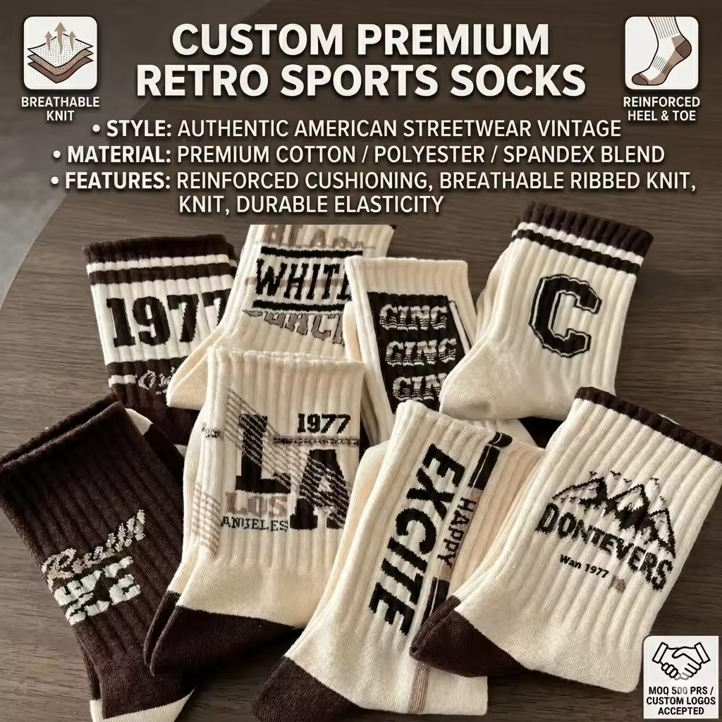 Custom Men's Socks Retro Streetwear Vintage Alphabet Print Cotton Sports Socks Wholesale Mid-Calf Casual Lettering Crew Socks