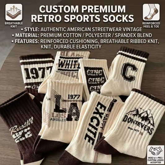 Custom Men's Socks Retro Streetwear Vintage Alphabet Print Cotton Sports Socks Wholesale Mid-Calf Casual Lettering Crew Socks